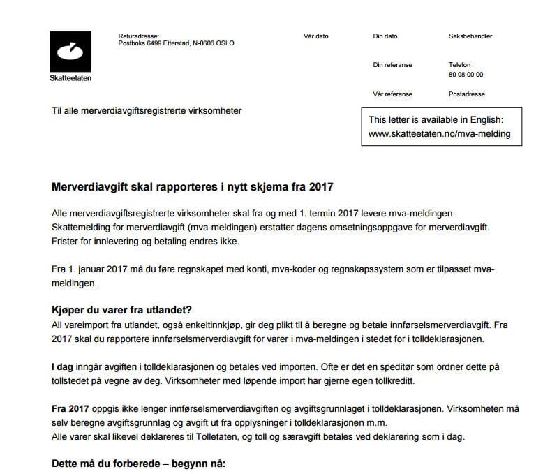 Informasjonsbrev fra Skatteetaten om ny MVAmelding Uni Micro Kundesenter